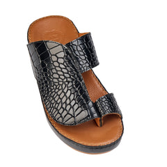 AN - 7015 Black / Tan -  Glossy Croc-Textured Luxury Handcrafted Arabic Sandal for Men